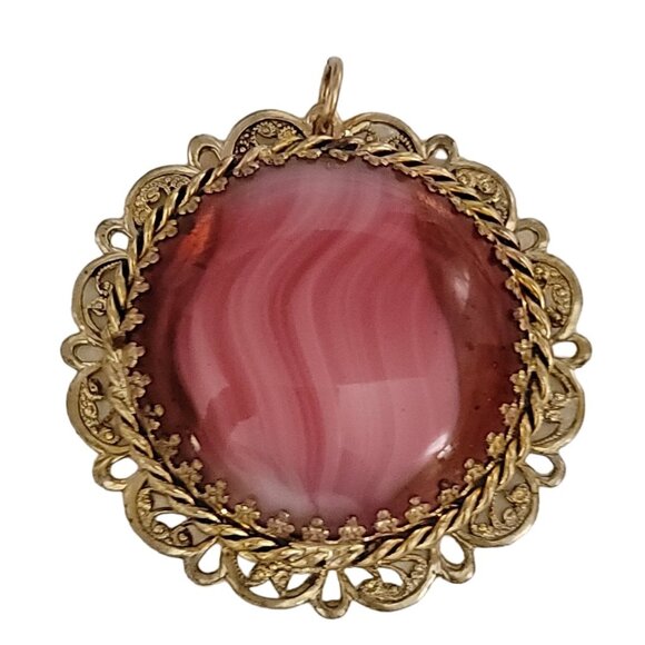 West Germany Gold Tone Filigree Pink Givre Pendant, Signed K226 - Picture 2 of 8